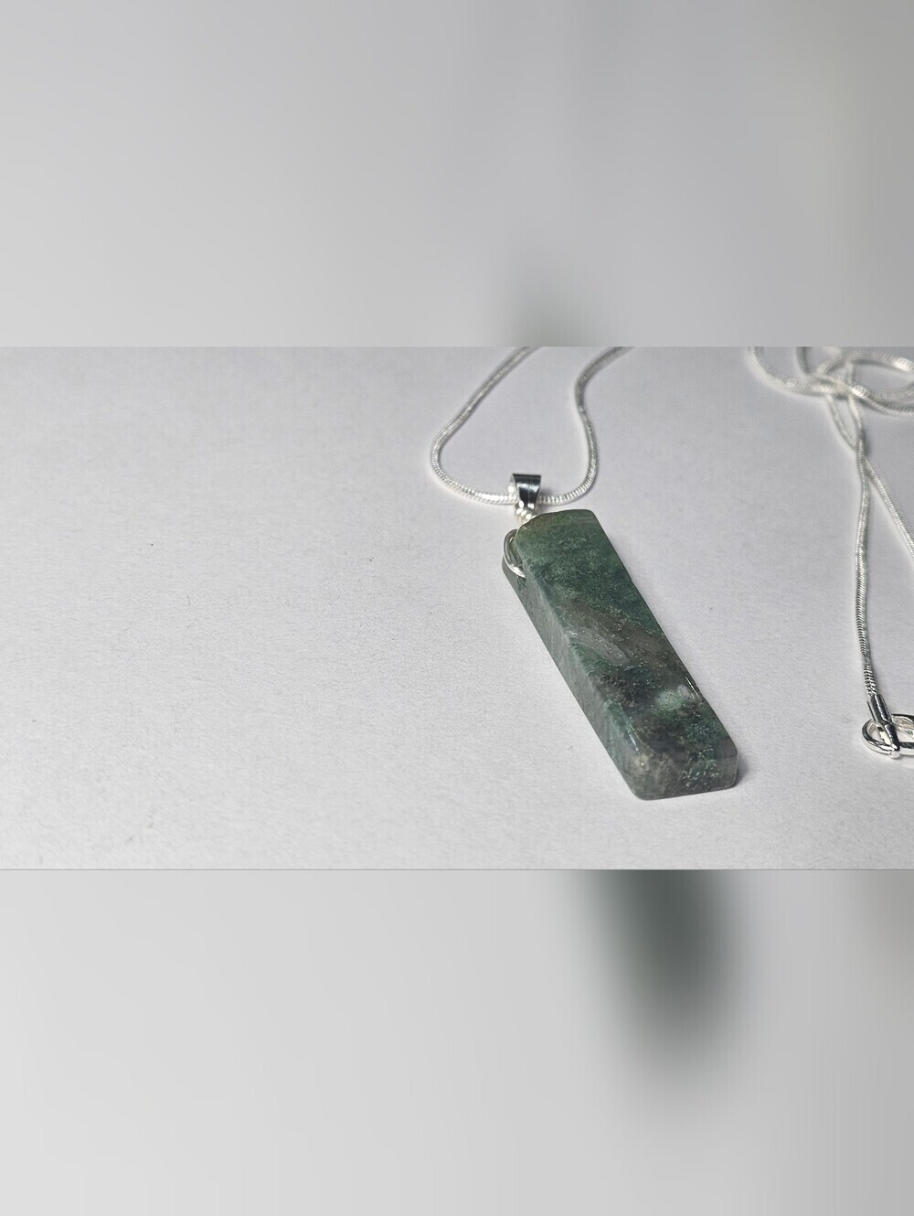 Silver Moss Agate Rectangular Pendant Necklace - Women Jewelry - Picture 4 of 7